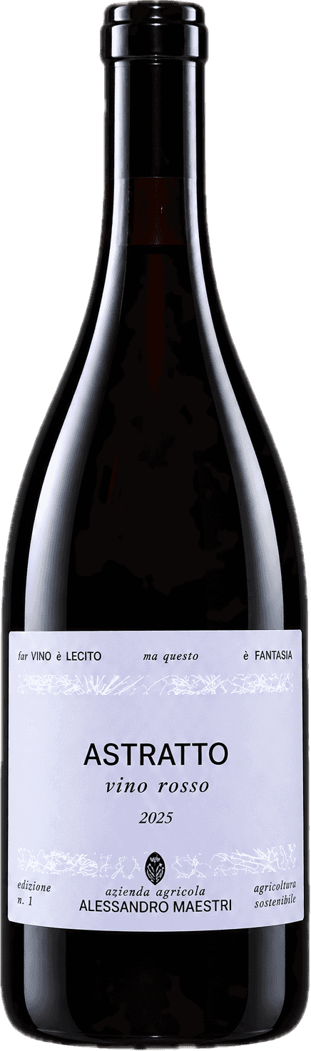 Bottiglia di Astratto, vino rosso, con l'etichetta dell'azienda agricola Alessandro Maestri