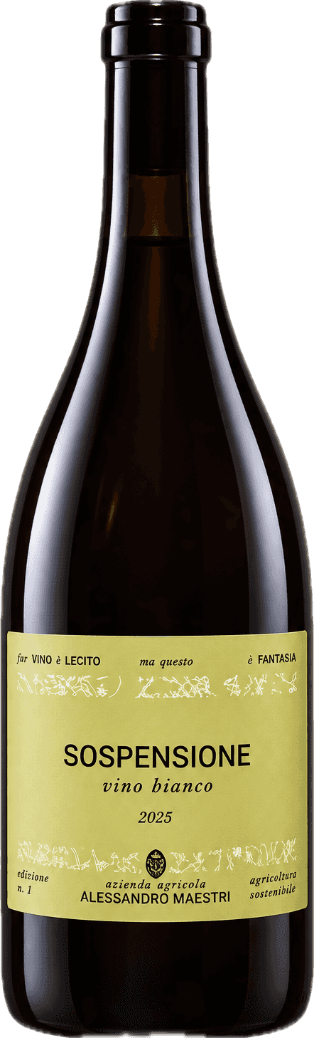Bottiglia di Sospensione, vino bianco, con l'etichetta dell'azienda agricola Alessandro Maestri